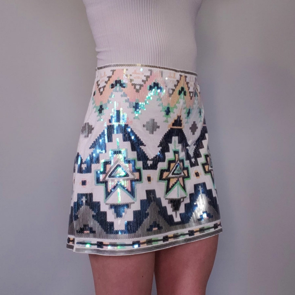 Express Sequined Mini Skirt Tribal Pattern